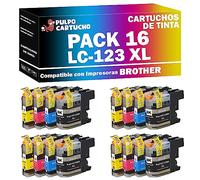 Pulpo Cartucho - Pack 16 Cartuchos de Tinta LC-121 XL/LC-123 XL CMYK Compatible con Brother/Ref. LC121 XL / LC123 XL - Premium - Valido para Impresoras DCP J/MFC J