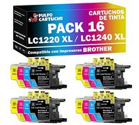 Pulpo Cartucho - Pack 16 Cartuchos de Tinta LC-1220 XL/LC-1240 XL CMYK Compatible con Brother/Ref. LC1220 XL / LC1240 XL - Valido para Impresoras DCP J/MFC J