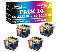 Pulpo Cartucho - Pack 16 Cartuchos de Tinta LC-3211 XL/LC-3213 XL CMYK Compatible con Brother Ref. LC3211 XL / LC3213 XL - Valido para DCP J497, J572, J772, J774 / MFC J491, J497, J890, J895