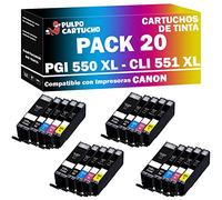 Pulpo Cartucho - Pack 20 Cartuchos de Tinta PGI 550 / CLI 551 Compatible con Canon PGI 550 / CLI 551 - Pack 20 - XL - Alta Capacidad - Valido para Impresoras Pixma IP/IX/MG/MX