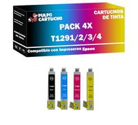 Pulpo Cartucho - Pack 4 Cartuchos de Tinta Genérico T1295 Compatible con Epson T1291 / T1292 / T1293 / T1294 - Valido para Impresoras Stylus Office, Stylus, Workforce WF