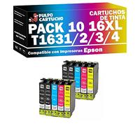 Pulpo Cartucho - Pack de 10 Cartuchos de Tinta T1631, T1632, T1633, T1634 Compatible con Epson T1631/2/3/4 - para Workforce WF-2010W, 2510WF, 2530WF, 2630WF, 2650DWF, 2660DWF, 2750DWF, 2760DWF