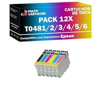 Pulpo Cartucho - Pack de 12 Cartuchos T0481/2/3/4/5/6 Compatible con Epson/Ref. PACK12-T0481/2/3/4/5/6 - Valido para Impresoras Stylus Photo R200/R220/R300ME/R325/R340/RX500/RX600/RX620/RX640
