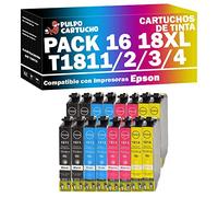 Pulpo Cartucho - Pack de 16 Cartuchos T1811, T1812, T1813, T1814 / 18XL Compatible con Epson 18 XL - Para Expression Home XP-102, XP-202, XP-302, XP-305, XP-312, XP-315, XP-322, XP-325, XP-402, XP-405