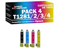 Pulpo Cartucho - Pack de 4 Cartuchos de Tinta Genéricos T1281, T1282, T1283, T1284 Compatible con Epson T1285 / Ref. C13T12854012 - para Impresoras Stylus Office BX305, S22, SX125, SX235W, SX420W