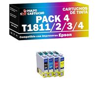 Pulpo Cartucho - Pack de 4 Cartuchos Genéricos T1811, T1812, T1813, T1814 Compatible con Epson 18 XL / T1816 / C13T18164012 - para Expression Home XP102, 202, 302, 305, 312, 315, 322, 325, 402, 405