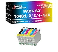 Pulpo Cartucho - Pack de 6 Cartuchos T0487 (6 Colores) Compatible con Epson T0481/2/3/4/5/6 / Ref. C13T04874010 - Valido para Impresoras Stylus Photo R200/R220/R300ME/R325/R340/RX500/RX600/RX620/RX640