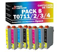 Pulpo Cartucho - Pack de 8 Cartuchos de Tinta Genéricos T0711 / T0712 / T0713 / T0714 Compatible con Epson Ref. T0711/2/3/4 - Valido para Impresoras Stylus CX/DX/Office Bx/SX
