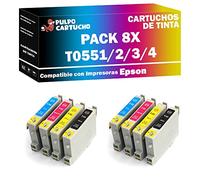 Pulpo Cartucho - Pack de 8 Cartuchos Genericos T0551, T0552, T0553, T0554 Compatibles con Epson T-0551/2 / 3/4 - Valido para Impresoras Stylus Photo R240, R245, RX420, RX425, RX520