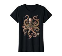 Pulpo Floral Vintage Flores Calamar Kraken Buceo Camiseta gráfica económica, Mujer, Negro, L