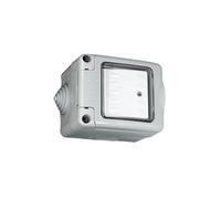 Pulsador estanco con LED, IP55, 10A, 250V, ideal para control de iluminación en exteriores y entornos húmedos.