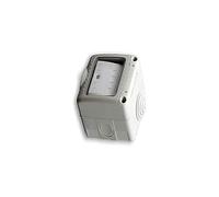 Pulsador estanco con LED, IP55, 10A, 250V, ideal para controlar luces en ambientes húmedos o exteriores.