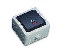 Pulsador luminoso IP44 10A estanco, ideal para ambientes húmedos, control de luces y sistemas eléctricos en exteriores.