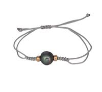 Pulsera Artesanal con Perla de Tahití Natural 11mm, Macramé, Complementos de Oro 18K, Ajustable, Unisex (Gris Claro)