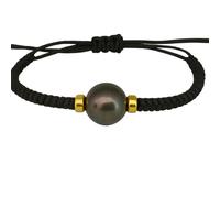 Pulsera Artesanal con Perla de Tahití Natural 11mm, Macramé Negro, Complementos de Oro 18K, Ajustable, Unisex (Azul Marino)