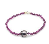 Pulsera artesanal de perla de Tahití 10 mm y rubíes naturales - cierre oro 18 K, joyería fina”
