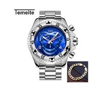(Pulsera azul plateada) Reloj dorado Temeite para hombre, marca de lujo, esfera grande, dorado, relojes