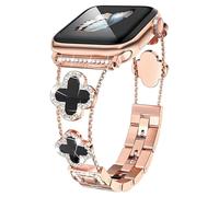 Pulsera Bling Diamond Lucky Clover compatible con Apple Watch de 38 mm a 46 mm, oro rosa + negro, brillante para mujer.