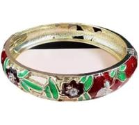 Pulsera cloisonné, pulsera esmaltada, Brazaletes con bisagras de resorte y flores huecas de esmalte cloisonné(Burgundy)