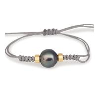 Pulsera con Perla de Tahití, Oro 18K, Cordón Ajustable Gris, Hecha a Mano