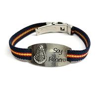 Pulsera Cuero | Placa Virgen Del Rocío | Soy Rociero | Pulseras Elásticas | Piel | Ajustable (ELÁSTICA ESPAÑA MARINO)