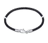 Pulsera cuero trenzado negro de 17cm con cierre de langosta de plata 925, pulsera de cordón de cuero genuino tejida a mano apto con cuentas de Pandora charms, para hacer brazalete de cuentas navidad