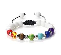 Pulsera de 7 chakras, piedra de ojo de tigre natural, ónix de lava negro, cuentas de cobre energético, brazaletes ajustables, joyería curativa, pulseras de yoga, blanco mate 2