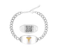 Pulsera de alerta médica de acero inoxidable con símbolo de caduceo dorado para hombres y mujeres, grabado con láser o dinámica, pulsera de identificación médica con código QR | Cadena ajustable para