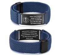Pulsera de Alerta Médica Personalizada Hombre Mujer Pulsera ID Médica Nailon con Texto Pulseras identificativa de Emergencia Deporte Sueño Regalo para Mamá, Papá, Abuelo,Abuela (azul)