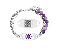 Pulsera de Alerta Médica Personalizada para Mujeres, Código QR Grabado Medio Diseño de la Media Cadena con Perlas con Acero Inoxidable, Capa Doble Ajustable con Piedras de Lepidolita Natural YA5493