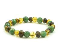 Pulsera de ámbar para adultos mezclada con cuentas de jade africano - 18 cm - Color verde - Hecho en banda elástica - (7 pulgadas (18 cm), ámbar verde/jade africano) {0053}