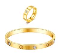 Pulsera de amor chapada en oro de 18 quilates con anillo, juego de joyas para mujer, brazalete ovalado de acero inoxidable, simple con bisagras, piedras de circonita cúbica, el mejor regalo para el