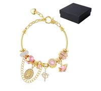 Pulsera de cadena de serpiente de múltiples elementos Aurora de oro y plata, pulsera de dijes desmontable de la Virgen María con detalles de cristal rosa, cadena de bricolaje desmontable (#A)