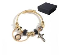 Pulsera de cadena de serpiente de múltiples elementos Aurora de oro y plata, pulsera de dijes desmontable de la Virgen María con detalles de cristal rosa, cadena de bricolaje desmontable (#D)