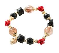 Pulsera de cristal natural Feng Shui Lucky Rose Charm Hollow Out Heart Pendse Black Onyx Red Rutilated Quartz Beaded Pulsera elástica para mujeres Femininidad Amor amor Buena suerte Prosperidad