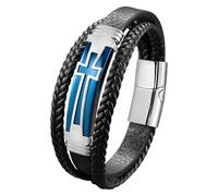 Pulsera De Cruz Gruesa Para Hombre, Religiosa, Cristiana, De Cuero Trenzado De Doble Hilera Con Cierre Magnético, Joyería Punk, Regalo Para Papá, Hermano Y Amigos, Azul, 19 Cm