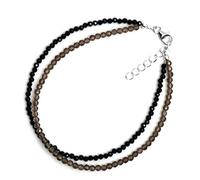 Pulsera de cuarzo ahumado y turmalina negra de 2 mm con cuentas facetadas y cierre ajustable chapado en plata de 18 cm para hombre y mujer | LK_STACK_08661
