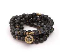 Pulsera de cuentas de bobinado multicapa de piedra de destello negro de 8 mm Pulsera de Buda Yoga Oración Lucky 108 Mala para hombres y mujeres, Bronce
