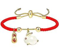 Pulsera de cuentas de conejo para mujer, elegante pulsera de cuentas rojas con dije de letra fu, zodiaco chino, conejo de imitación de jade bendición, joyería de buena suerte, estilo 3, talla única
