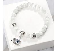 Pulsera de cuentas de metal con colgante de ojo de gato blanco de 8 mm, hecha a mano con elástico para mujer, joyería de oración, regalo de elefante