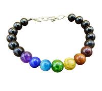 Pulsera de cuentas redondas de 10 mm con corte liso y piedra de los 7 chakras, cierre ajustable chapado en plata de 18 cm para hombre y mujer | LK_STACK_00012