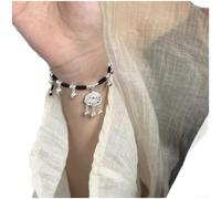 Pulsera de cuerda trenzada con campana de plata tradicional china y dijes de bloqueo de longevidad, con construcción de aleación ajustable (negro)