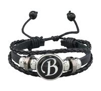 Pulsera De Cuero Ajustable Con Inicial Para Hombre, Hecha A Mano, Tejida A Mano, Con Letras Del Alfabeto De La A A La Z Grabadas, Con Cuentas De Piedra De Hematita Negra, Brazalete De 21 Cm