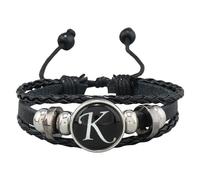 Pulsera De Cuero Ajustable Con Inicial Para Hombre, Hecha A Mano, Tejida A Mano, Con Letras Del Alfabeto De La A A La Z Grabadas, Con Cuentas De Piedra De Hematita Negra, Brazalete K De 21 Cm