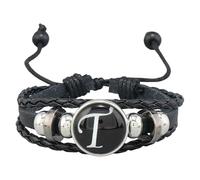 Pulsera De Cuero Ajustable Con Inicial Para Hombre, Hecha A Mano, Tejida A Mano, Con Letras Del Alfabeto De La A A La Z Grabadas, Con Cuentas De Piedra De Hematita Negra, Brazalete T De 21 Cm