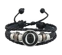 Pulsera De Cuero Ajustable Con Inicial Para Hombre, Hecha A Mano, Tejida A Mano, Con Letras Del Alfabeto De La A A La Z Grabadas, Con Cuentas De Piedra De Hematita Negra, Brazalete De 21 Cm