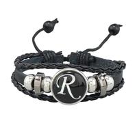Pulsera De Cuero Ajustable Con Inicial Para Hombre, Hecha A Mano, Tejida A Mano, Con Letras Del Alfabeto De La A A La Z Grabadas, Con Cuentas De Piedra De Hematita Negra, Brazalete De 21 Cm De Largo