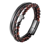 Pulsera De Cuero con Cruz para Hombre con Cierre Magnético Multicapa Piedra Ojo De Tigre Y Hematita Pulsera Católica para Hombre Brazalete Trenzado A Mano Piedra Ojo De Tigre Rojo + Cruz Negra 21