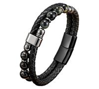 Pulsera De Cuero Con Cuentas Para Hombre, Con Cuentas De Piedra Natural, Brazalete De Doble Capa Con Cordón, Pulsera De Cuero Trenzado Negro Para Hombre Y Mujer, Joyería Para Aliviar La Ansiedad Y