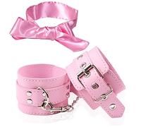 Pulsera de cuero con esposas para muñeca, bandas de ejercicio para juegos de rol, cadena ajustable y antifaz para dormir de satén, antifaz para Halloween, Cosplay(Pink)